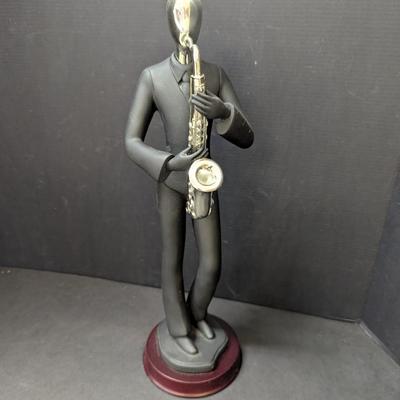 Black & Silver Resin Saxophone Player Sculpture Figure On A Cherry Stand