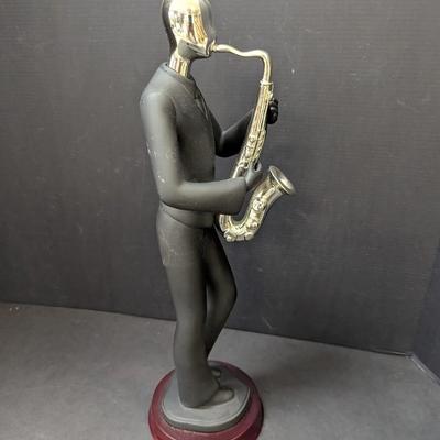 Black & Silver Resin Saxophone Player Sculpture Figure On A Cherry Stand