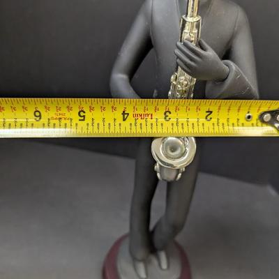 Black & Silver Resin Saxophone Player Sculpture Figure On A Cherry Stand