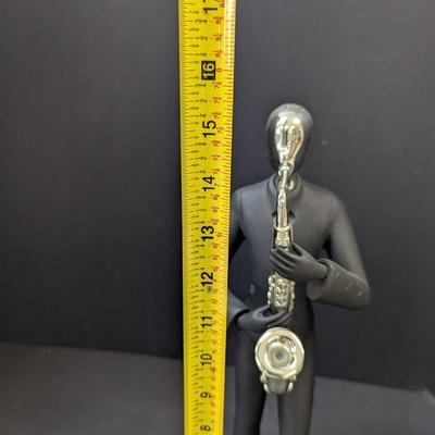 Black & Silver Resin Saxophone Player Sculpture Figure On A Cherry Stand