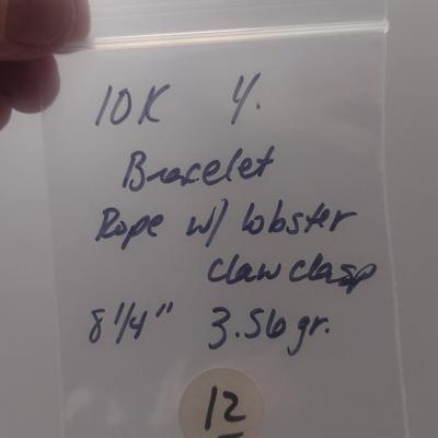 10 Karat Yellow Gold Rope Bracelet with Lobster Claw Clasp- 8 1/4" Long, Approx Total Weight 3.56 Grams (#12)