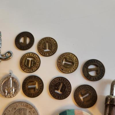 Sale Photo Thumbnail #268: This lot is for a Little Bag of Whatever.  When we clean out an estate there are usually little bits and pieces found in the back of drawers and desks. Here is a bag filled with things from a recent estate.  Could be used for an art piece, for resell or m