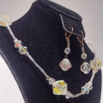 Vintage Aurora Borealis Necklace and Earrings- Faceted Beads, Possibly Swarovski- 28" Necklace (#14)