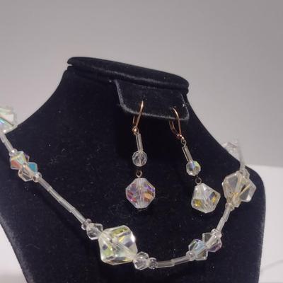 Vintage Aurora Borealis Necklace and Earrings- Faceted Beads, Possibly Swarovski- 28" Necklace (#14)