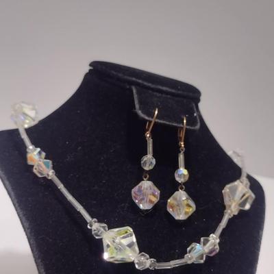 Vintage Aurora Borealis Necklace and Earrings- Faceted Beads, Possibly Swarovski- 28" Necklace (#14)