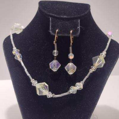Vintage Aurora Borealis Necklace and Earrings- Faceted Beads, Possibly Swarovski- 28" Necklace (#14)