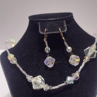 Vintage Aurora Borealis Necklace and Earrings- Faceted Beads, Possibly Swarovski- 28" Necklace (#14)