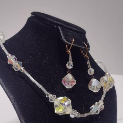 Vintage Aurora Borealis Necklace and Earrings- Faceted Beads, Possibly Swarovski- 28" Necklace (#14)