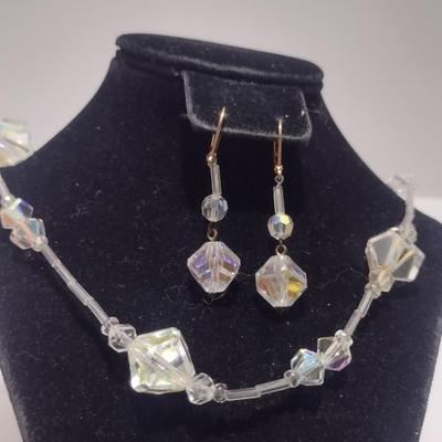 Vintage Aurora Borealis Necklace and Earrings- Faceted Beads, Possibly Swarovski- 28" Necklace (#14)