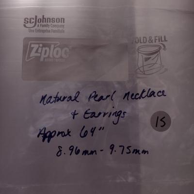 Natural Pearl Necklace and Earrings- Hand Strung and Knotted- Approx 64" Long (#15)