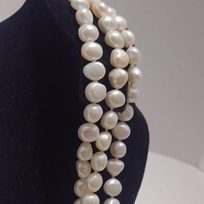 Natural Pearl Necklace and Earrings- Hand Strung and Knotted- Approx 64" Long (#15)