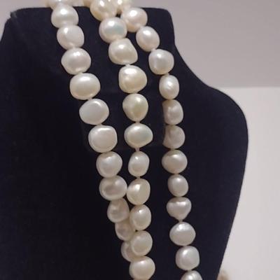 Natural Pearl Necklace and Earrings- Hand Strung and Knotted- Approx 64" Long (#15)
