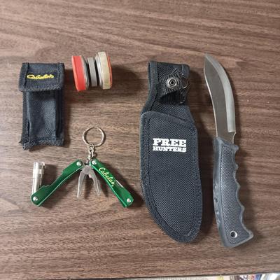 WESTERN FIXED BLADE KNIFE, KNIFE SHARPENER AND CABELA'S MULTI TOOL