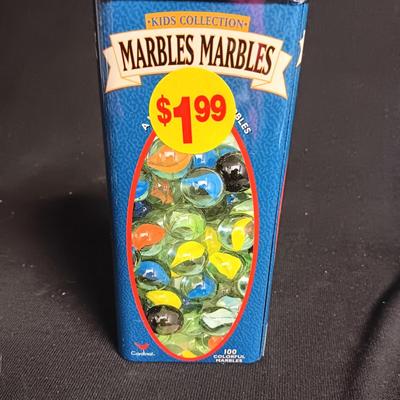 100 COLORFUL MARBLES IN A TIN AND A JAR OF MARBLES