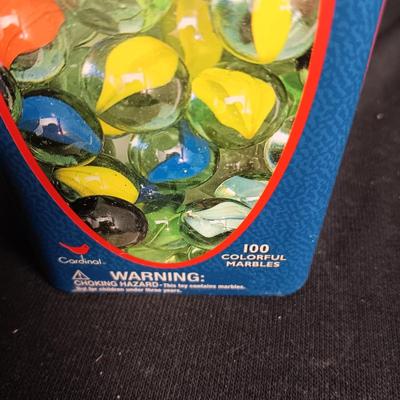 100 COLORFUL MARBLES IN A TIN AND A JAR OF MARBLES
