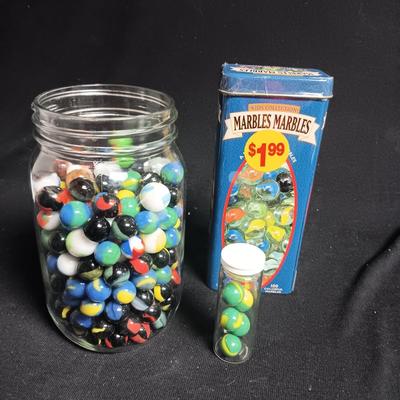 100 COLORFUL MARBLES IN A TIN AND A JAR OF MARBLES