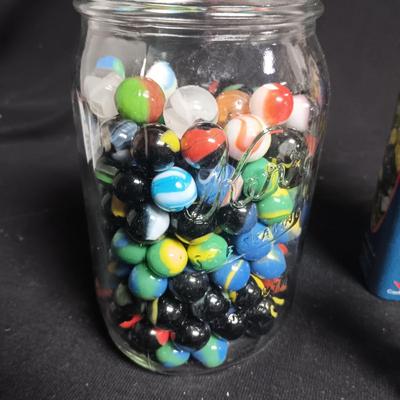 100 COLORFUL MARBLES IN A TIN AND A JAR OF MARBLES