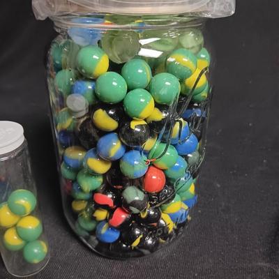 100 COLORFUL MARBLES IN A TIN AND A JAR OF MARBLES