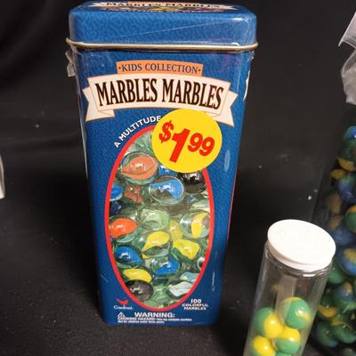 100 COLORFUL MARBLES IN A TIN AND A JAR OF MARBLES