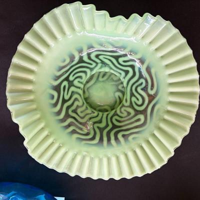 Green opalescent swirling maze bowl