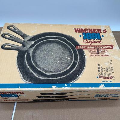 NOS Vintage Wagner’s 1891 Original Cast Iron Skillet Set – 3-Piece – In Original Box