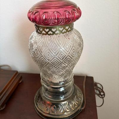 Victorian pressed clear glass, cranberry accents lamp