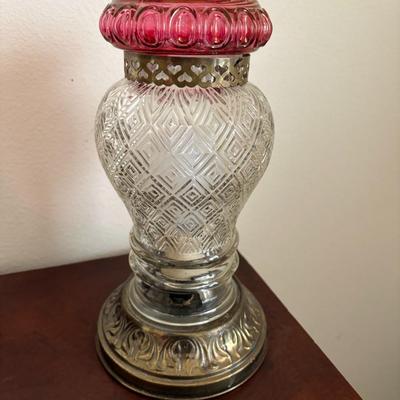 Victorian pressed clear glass, cranberry accents lamp
