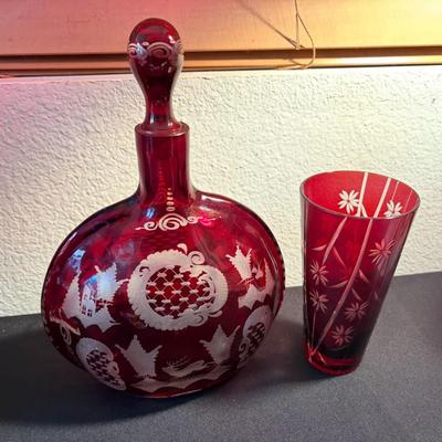 Bohemian Czech decanter and glass