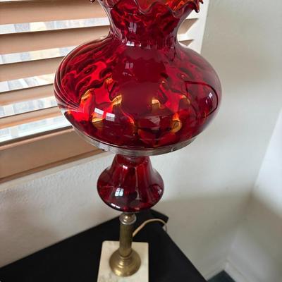Cranberry glass hurricane lamp
