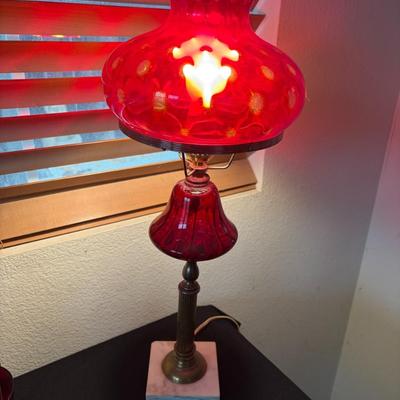 Cranberry glass hurricane lamp