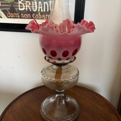 Hurricane lamp with pink Fenton ruffled shade