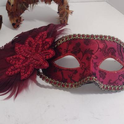 Fashion Accessories- Two Mardi Gras Masks and Vintage Pheasant Feather Hat