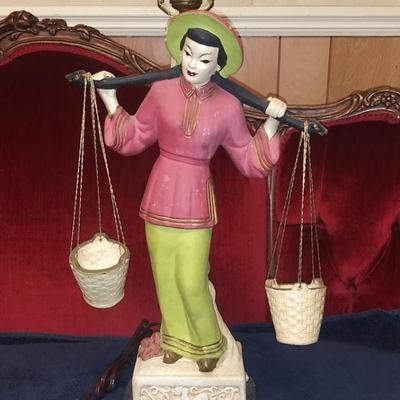 Sale Photo Thumbnail #124: Beautiful lamp with hanging baskets, great condition with vintage shade. Large sofa lamp, very unusual size.