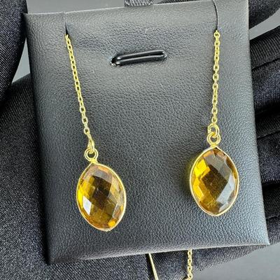 Earrings 925 Silver-Tone, Gold-Plated Natural  Citrine Gemstone 