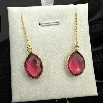 Earrings 925 Silver-Tone, Gold-Plated Natural Pink Tourmaline Gemstone 