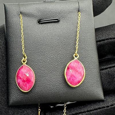 Earrings 925 Silver-Tone, Gold-Plated Natural Ruby Gemstone