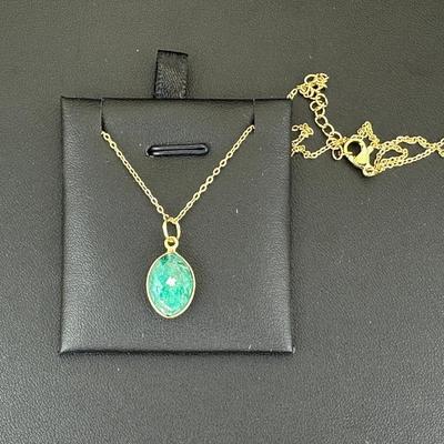Necklace 925 Silver-Tone, Gold-Plated Natural Green Emerald Gemstone 