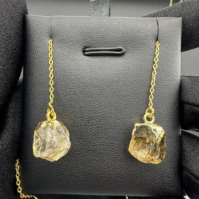 Earrings 925 Silver-Tone, Gold-Plated, Natural Raw Citrine Gemstone 