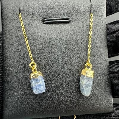 Earrings 925 Silver-Tone, Gold-Plated, Natural Raw Blue Sapphire Gemstone 