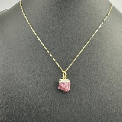 Necklace 925 Silver-Tone, Gold-Plated, Natural Raw Ruby Gemstone 