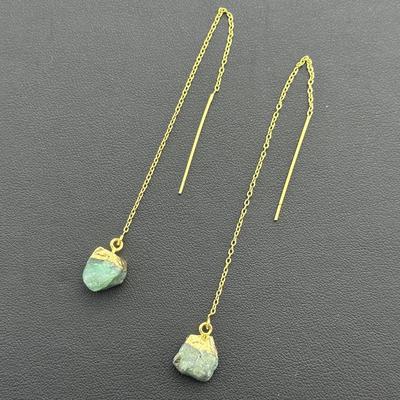 Earrings 925 Silver-Tone, Gold-Plated, Natural Raw Green Emerald Gemstone 