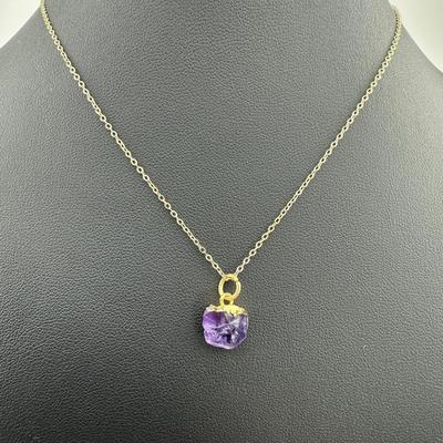Necklace  925 Silver-Tone, Gold-Plated, Natural Raw Amethyst Gemstone
