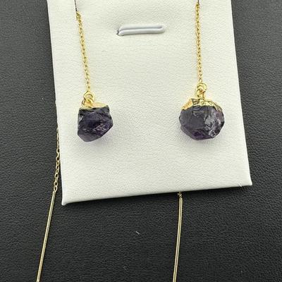 Earrings  925 Silver-Tone, Gold-Plated, Natural Raw Amethyst Gemstone
