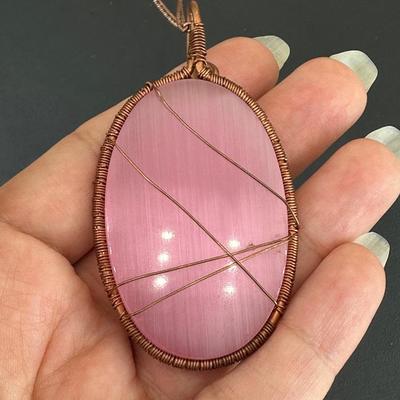 Necklace Pink Cat Eye 925 Sterling Silver Plated Handmade Gemstone 