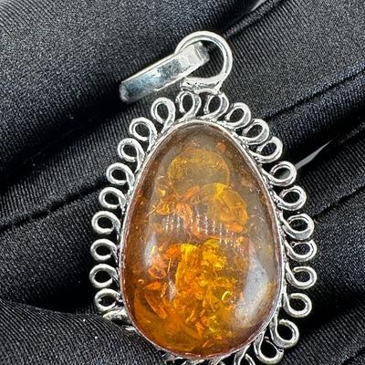 Amber Pendant Silver Plated Handmade Gemstone 