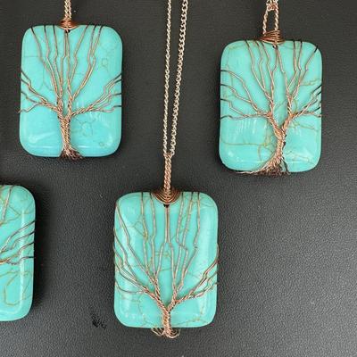 Copper Synthetic Turquoise Tree Of Life Necklace Lot