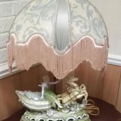 Sale Photo Thumbnail #155: Shade was customed made, hand sewn by an award winning lampshade artist, Suzanne Deaton.  Heirloom quality. Beautiful ceramic Victorian lamp. Exquisite.  You can find this designers lamps all over the world including the Hewlett Packard World Headquarters