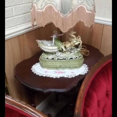 Sale Photo Thumbnail #156: Shade was customed made, hand sewn by an award winning lampshade artist, Suzanne Deaton.  Heirloom quality. Beautiful ceramic Victorian lamp. Exquisite.  You can find this designers lamps all over the world including the Hewlett Packard World Headquarters