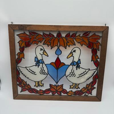 Vintage Faux Stained Glass Goose Panel – Wood Frame