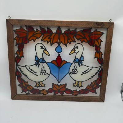 Vintage Faux Stained Glass Goose Panel – Wood Frame